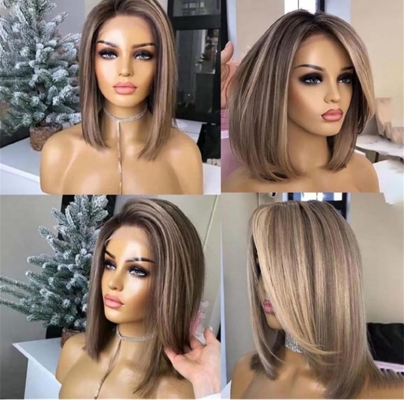 COPY - Side Part Ash Brown Highlight Short Bob Wigs Synthesis Straight Wig - Picture 4 of 4